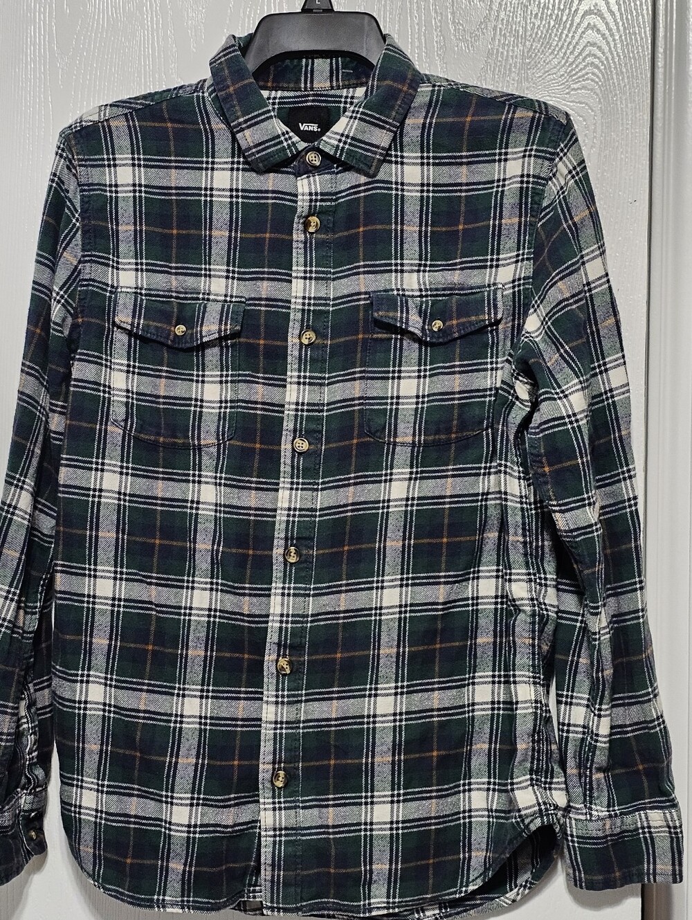 Vans Classic Fit men's long-sleeve button-up flannel shirt navy green Small